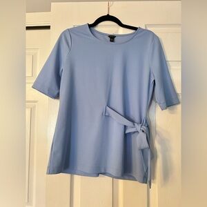 Ann Taylor Blue Short Sleeve Side Bow Tie Blouse Crewneck Top